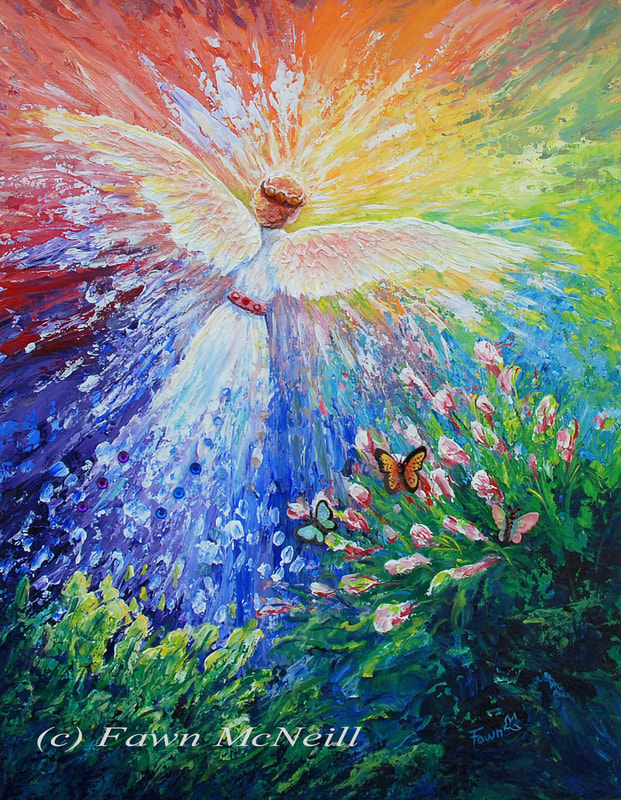 A mixed media painting with rainbow colors surround an angel. Beads, metallic paint, and charms are added.
