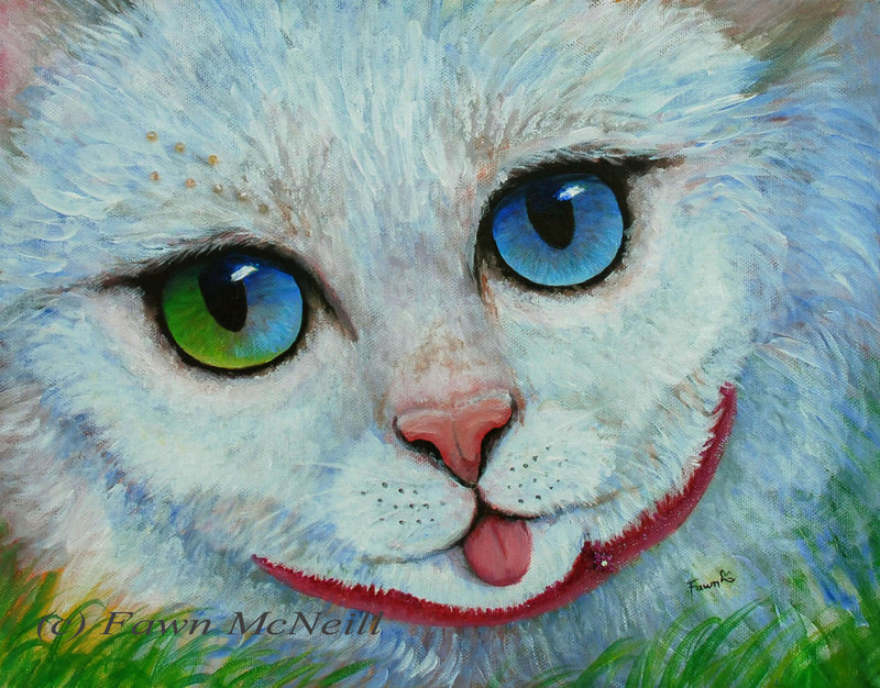 A mixed media painting of a white cat is zoomed in to show it's large different colored eyes. It has beads and gems added for sparkle.