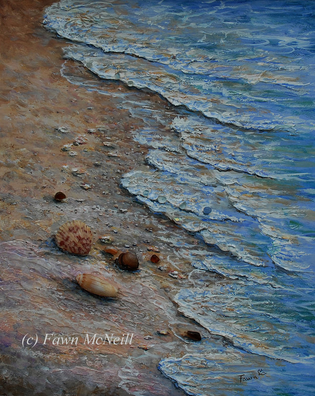 Mixed media painting of a shore line with beads, aquarium stones and and seashells added.